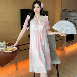 Đầm ngủ mùa hè màu trơn phối ren nơ lưới phong cách công chúa, dài vừa phải mặc nhà dành cho nữ