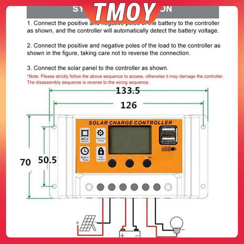 TMOY LCD Bộ điều khiển năng lượng mặt trời 12V / 24V 30A 20A 10A Bộ điều chỉnh sạc năng lượng mặt trời Bộ sạc pin PWM Màn hình LCD USB kép 5V 2.5A Đầu ra MOS TMOY