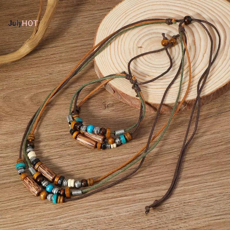 JULY HOT - Bộ 2 Chiếc: Dây Chuyền Nhiều Lớp Hạt Gỗ và Bracelet Da Đính Hạt Phong Cách Vintage