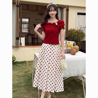 Bộ váy nữ thanh lịch phong cách Hồng Kông cổ điển, thiết kế mới mùa hè, gồm chân váy chấm bi độc đáo