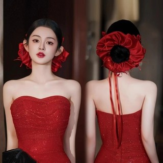 1 Bộ nơ và ruy băng hình vòng tròn tóc màu đỏ rượu vang dành cho lễ cưới, phù hợp với váy dạ hội cao cấp.