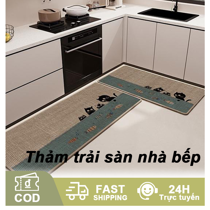 Thảm lót bếp bằng vải lanh họa tiết hoạt hình, chống trơn trượt, nhanh khô, thoải mái khi sử dụng trong gia đình.