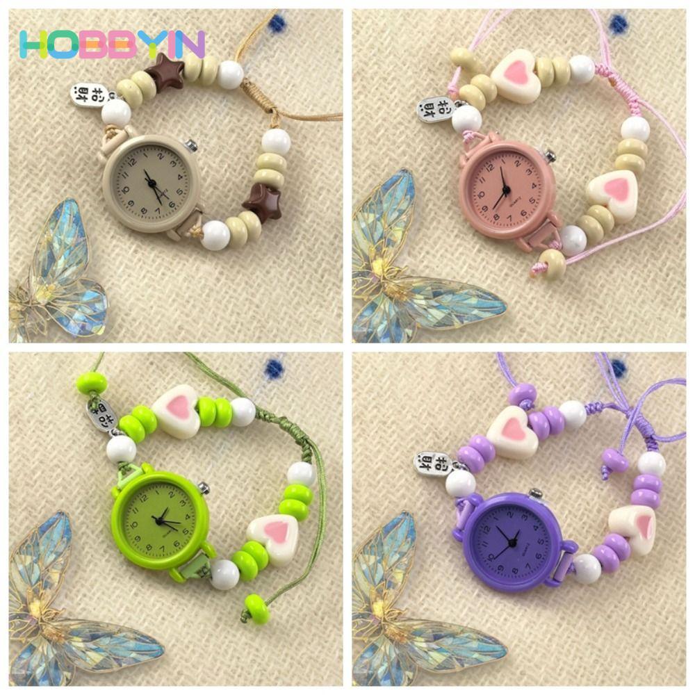 Đồng hồ đeo tay HOBBYIN, Mặt dây chuyền Đồng hồ chuỗi trái tim ngôi sao Dopamine, Đồng hồ thạch anh đính cườm có thể điều chỉnh thời trang dành cho nữ