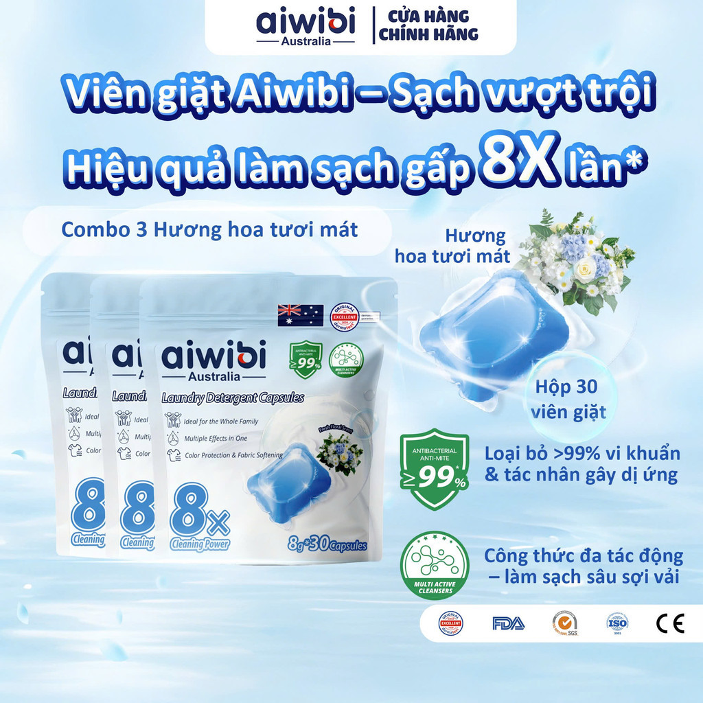 [Combo 3] Túi Viên Giặt Aiwibi  Tiện Lợi (30 viên/túi), Sạch Vượt Trội, Đánh Bay Vết Bẩn - Hương Hoa