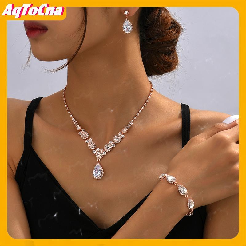 AqToCna Trang Sức Cưới Sang Trọng - Set 3 Món Zircon gồm Vòng Tay và Bông Tai