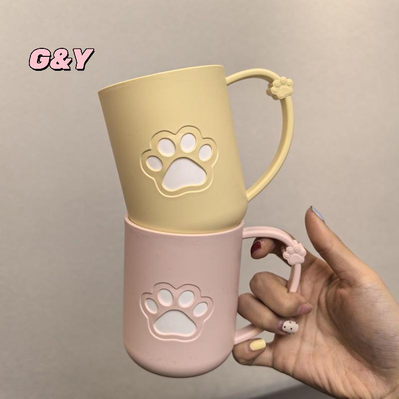 [G & Y-t] Cốc đựng bàn chải đánh răng cặp đôi Bàn chân mèo hoạt hình bằng nhựa dễ thương có tay cầm cho cốc rửa miệng trong phòng tắm [Mới]