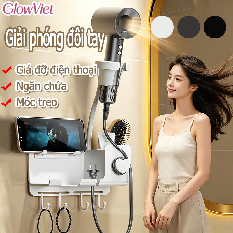 Giá Treo Máy Sấy Tóc Không Khoan,Keo Dán Mạnh,giá treo máy sấy lắp đặt dán tường,Có móc treo, để đồ lặt vặt