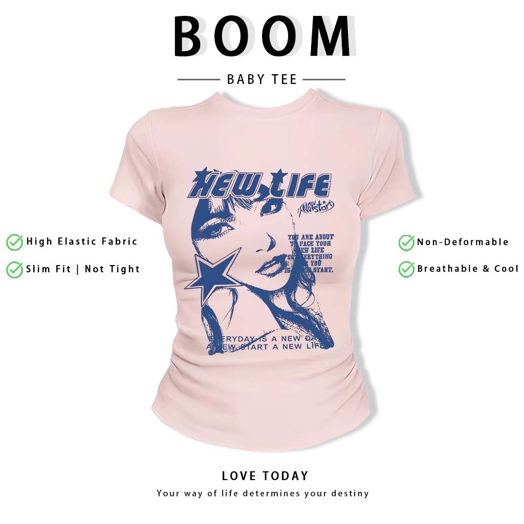 BOOM Áo Baby Tee Nữ Cotton Ôm Body-Áo Thun Ngắn Tay Y2K In Hình PhongCách Mùa Hè, Cổ Tròn Hàng Đầucách hàn quốc phongQ47