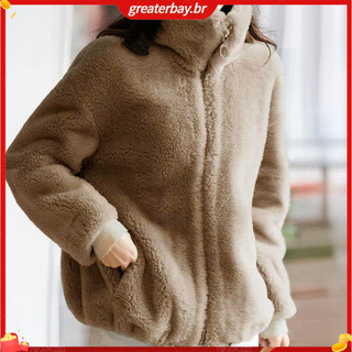 (Em Estoque) Áo khoác lông cừu hai mặt polyester sherpa, ấm áp với túi và khóa kéo hoàn toàn, phù hợp cho mùa thu đông.