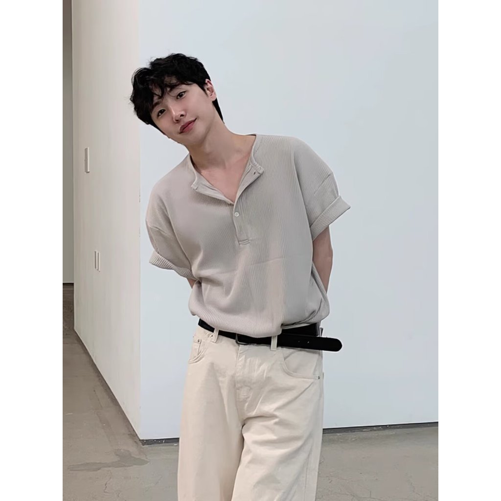 Áo thun Unisex thông thường có cổ Henley và tay ngắn