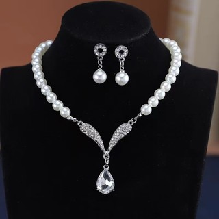 Vòng cổ ngọc trai và bộ bông tai sang trọng, hợp kim cao cấp, phụ kiện hoàn hảo cho cô dâu