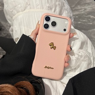 Ốp Điện Thoại Da PU Màu Trơn Ngựa Vàng 3D Hàn Quốc Cho iPhone 17Promax 17Pro 14 15 16 Pro Max 13 Vỏ Điện Thoại Di Động Nữ Chống Sốc