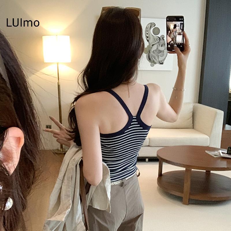 Camisole nữ retro màu sắc tương phản sọc, không tay ngắn, phù hợp mùa hè