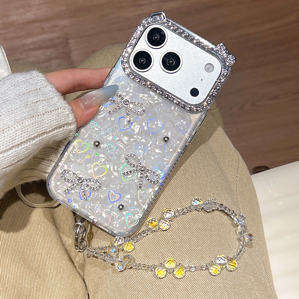 3D Hạt Nơ Vỏ Laser + Dây Xích Kim Cương Tai Mèo Vỏ Điện Thoại Acrylic Cho iPhone 17 Pro Max 17 Air 16 Plus 15 14 13 12 11 Vỏ Bảo Vệ Chống Sốc