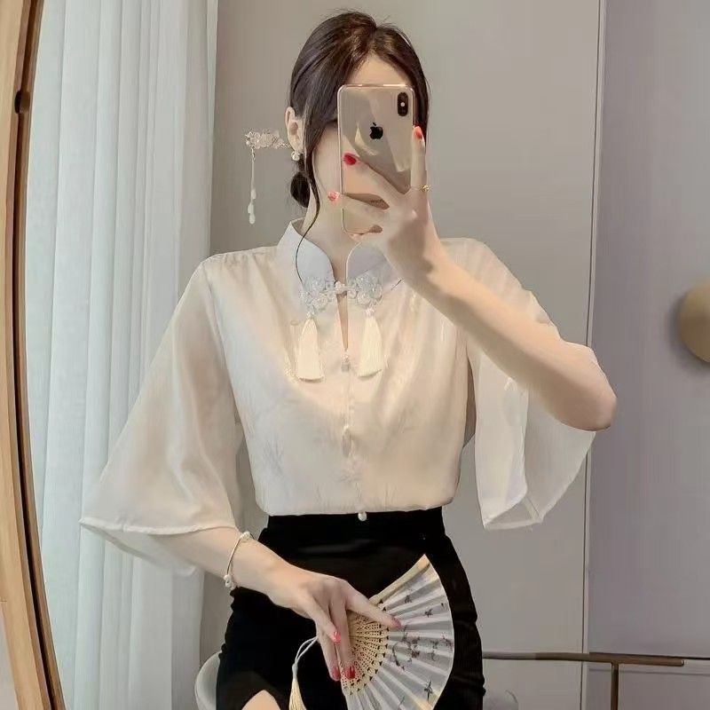 Áo sơ mi tay ngắn nữ phong cách Trung Hoa, chất liệu acetate jacquard, phù hợp mùa hè