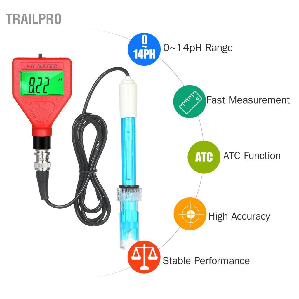 TrailPro Máy đo pH 0-14pH Phạm vi đo Máy kiểm tra chất lượng nước Màn hình LCD 1,5 inch Bút PH có đèn nền màu xanh lá cây để pha nước sốt thực phẩm Phòng thí nghiệm nuôi trồng thủy sản