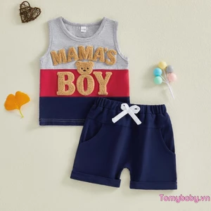 Bộ trang phục 2 món hình gấu chữ thêu cổ tròn không tay + quần short
