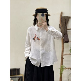 Áo sơ mi nữ cotton thêu mùa xuân, form skinny