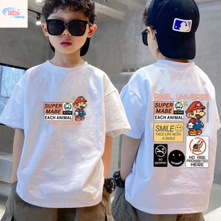 Áo thun cổ tròn đa năng dành cho bé trai，in họa tiết khối màu pixel hình xe go-kart，phong cách thường ngày và thời trang