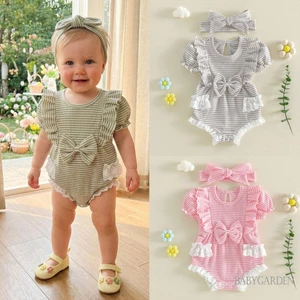 Trẻ Sơ Sinh Bé Gái Áo Liền Quần Và Băng Đô Cổ Tròn Puff Tay Ngắn Sọc In Ruffle Viền Trang Trí Trang Phục Mùa Hè