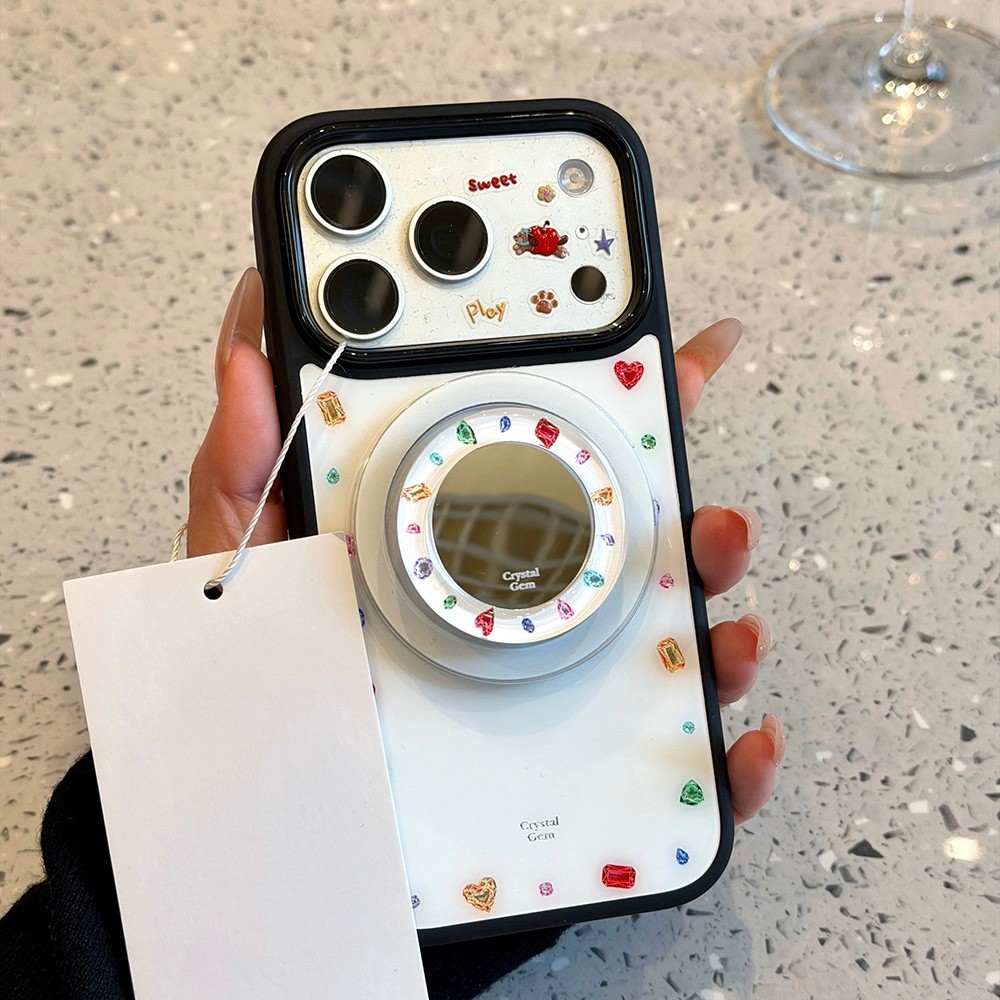 Giá đỡ gương từ tính Vỏ điện thoại Acrylic khảm kim cương cho iPhone 17 Pro Max 16 15 14 13 Vỏ bảo vệ chống sốc