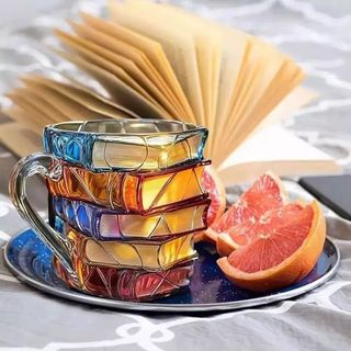 新款高硼硅玻璃杯彩绘书本咖啡杯3D立体杯子堆叠马克杯早餐牛奶杯