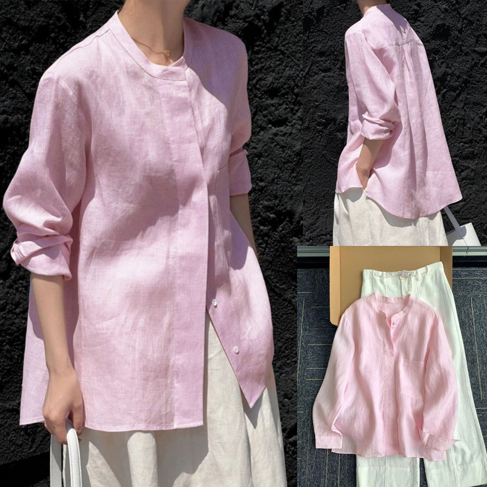 Áo sơ mi nữ vải lanh cotton dáng rộng, màu hồng nhạt, phù hợp mọi kích cỡ.
