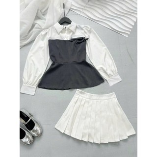 Set áo sơ mi phối tay thanh lịch cùng chân váy xếp ly cạp cao chiết eo siêu xinh Hoadanbistore