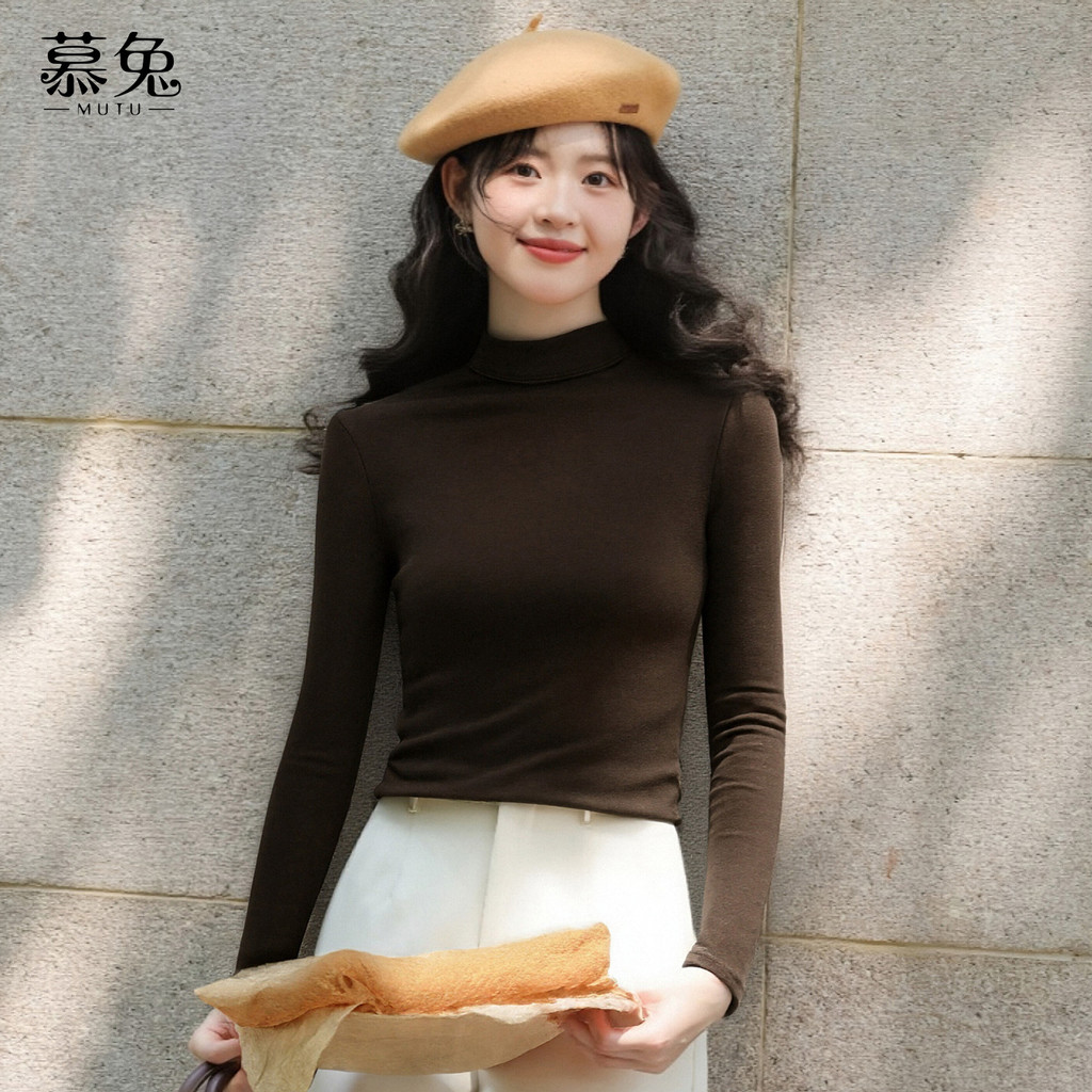 Mutu Áo sơ mi nữ mùa đông lông cừu-fleece, nửa cổ dệt kim, phong cách sang trọng