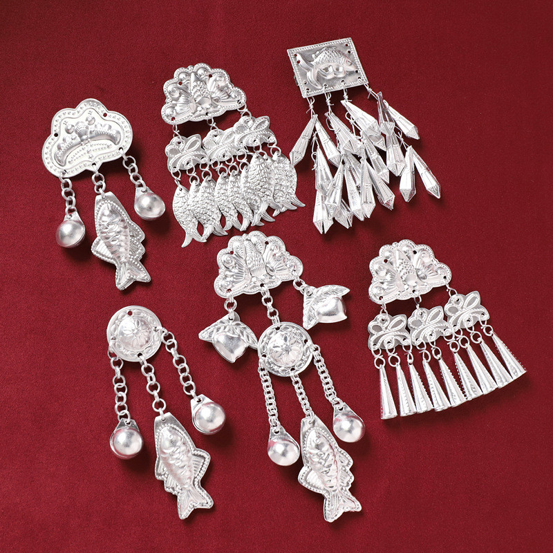 ✨Miaojiang Phong Cách Dân Tộc Mũ Kẹp Tóc Retro Miao Bạc Tua Rua Bước Lắc Hanfu Phong Cách Cổ xưa Warring Quốc Áo choàng Bên Kẹp