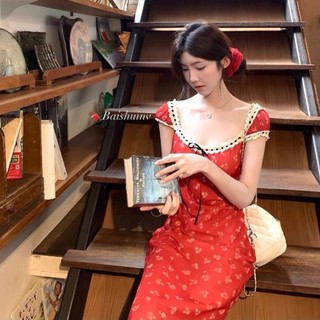 Váy đuôi cá màu đỏ anh đào họa tiết hoa, phong cách Pháp, phù hợp mùa hè