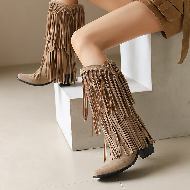VNAYYYNX34-39 Size Da Lộn Tua Rua Tây Giày Cao Bồi V-Mouth Khối Gót Tay Áo Sàn Catwalk Thời Trang Giả Mẹ Cao Không Thể Đầu Gối