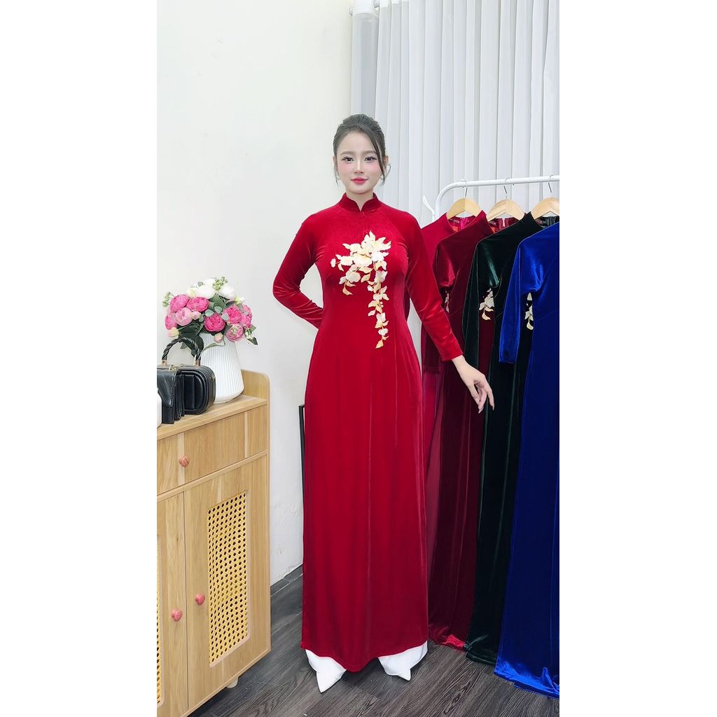 Áo dài truyền thống, Áo dài nhung thêu cho mẹ, Áo dài cổ trụ, Áo dài chất liệu nhung tuyết mềm mịn, Áo dài Thăng Long
