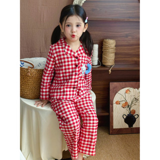 Trẻ Em Quần Áo Trẻ Em Bé Gái Phiên Bản Hàn Quốc Kiểm Tra KT Mèo Nhà Quần Áo Trẻ Em Bé Hoạt Hình Bộ Đồ Ngủ