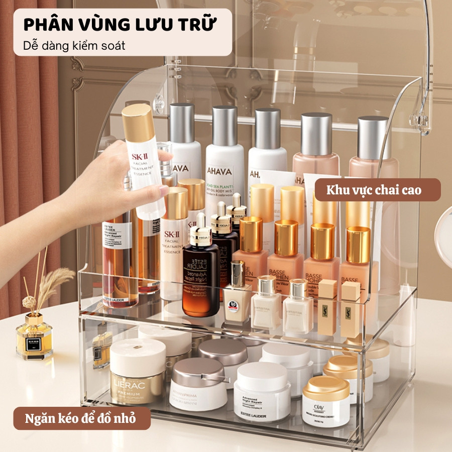 Hộp Nhựa Trong Suốt ENODA HOME Đựng Mỹ Phẩm Để Bàn, Tủ Kệ Đựng Đồ Makeup Trang Điểm Chia 2 Ngăn Chống Bụi Q060