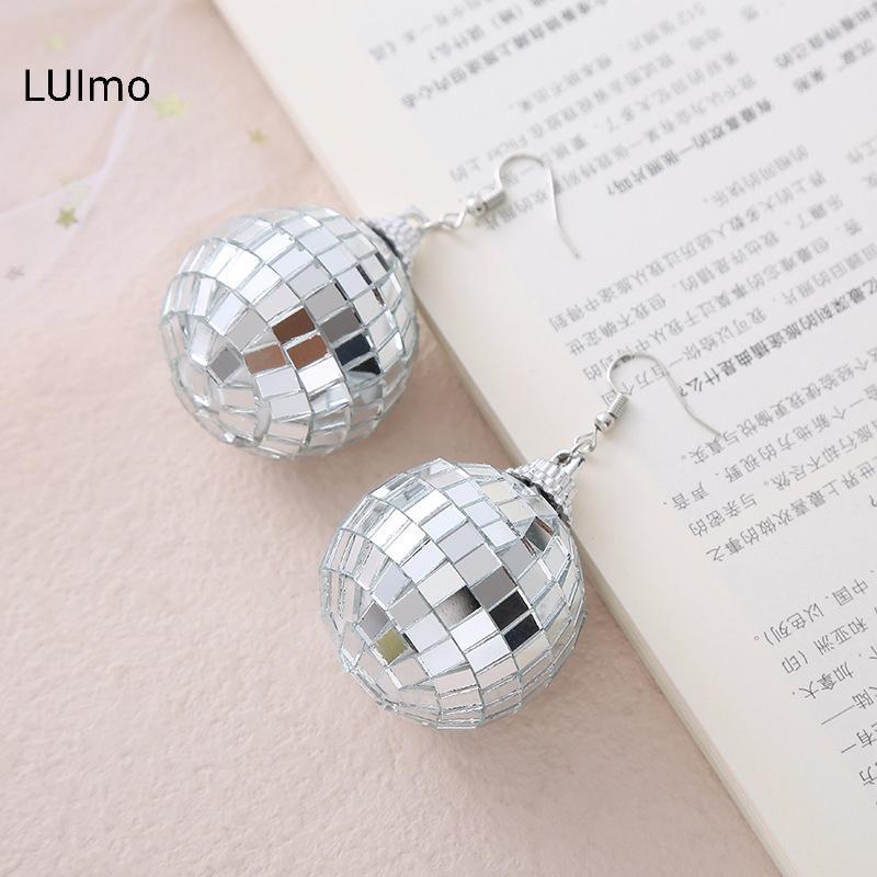 LUImo 1 Đôi 70s Màu Bạc Sáng Bóng Disco Tòn Ten Bông Tai Nữ Thoáng Mát Thời Trang Trang Trang Sức Retro Tròn Thả Bông Tai SBS