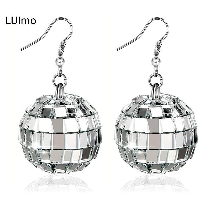 LUImo 1 Đôi 70s Màu Bạc Sáng Bóng Disco Tòn Ten Bông Tai Nữ Thoáng Mát Thời Trang Trang Trang Sức Retro Tròn Thả Bông Tai SBS