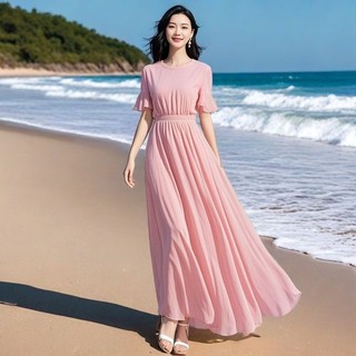 Váy dài mùa hè màu hồng thanh lịch, kiểu dáng bãi biển, chất liệu voan, ôm eo, dành cho nữ