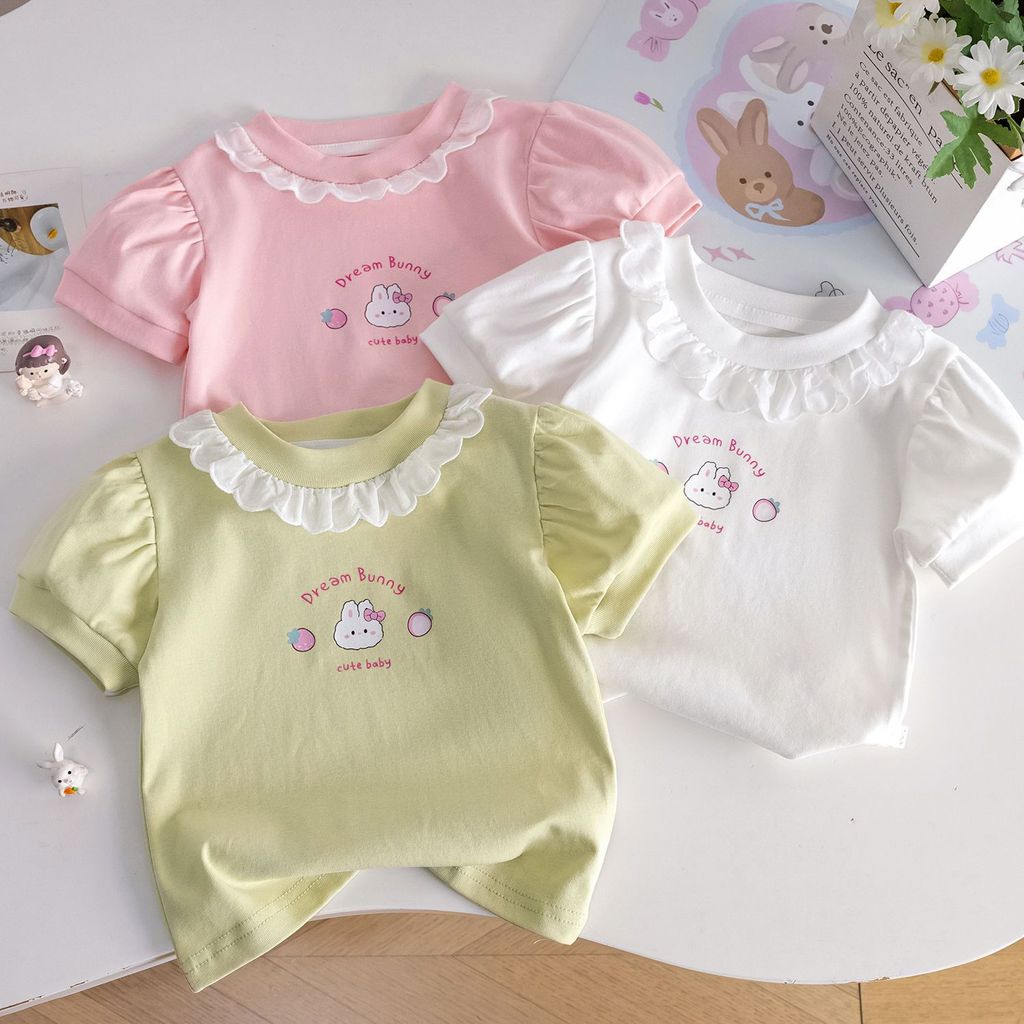 Bé Gái Áo Thun Ngắn Tay Mùa Hè Bên Trong Top Ren Cổ Tròn Phù Hợp Với Đáy Áo 90-140 Size Q8MI