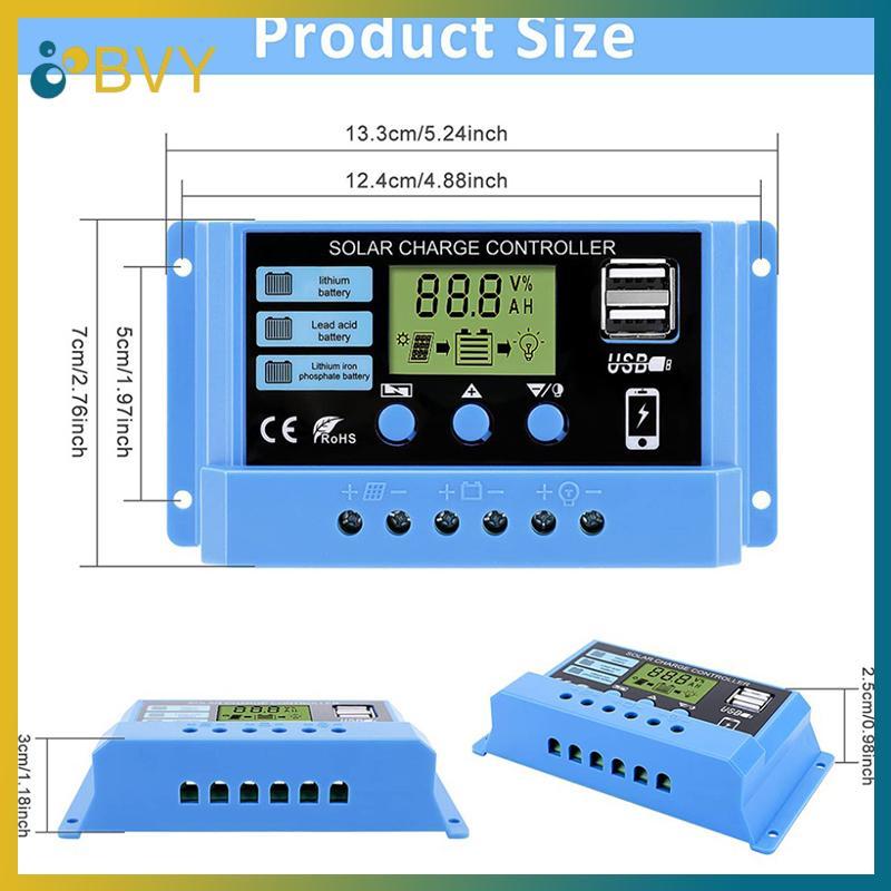 BVY 30A 20A 10A Bộ điều khiển sạc năng lượng mặt trời 12V 24V Bảng điều khiển LCD PV bảng điều khiển năng lượng mặt trời tự động cho pin chì, USB kép.