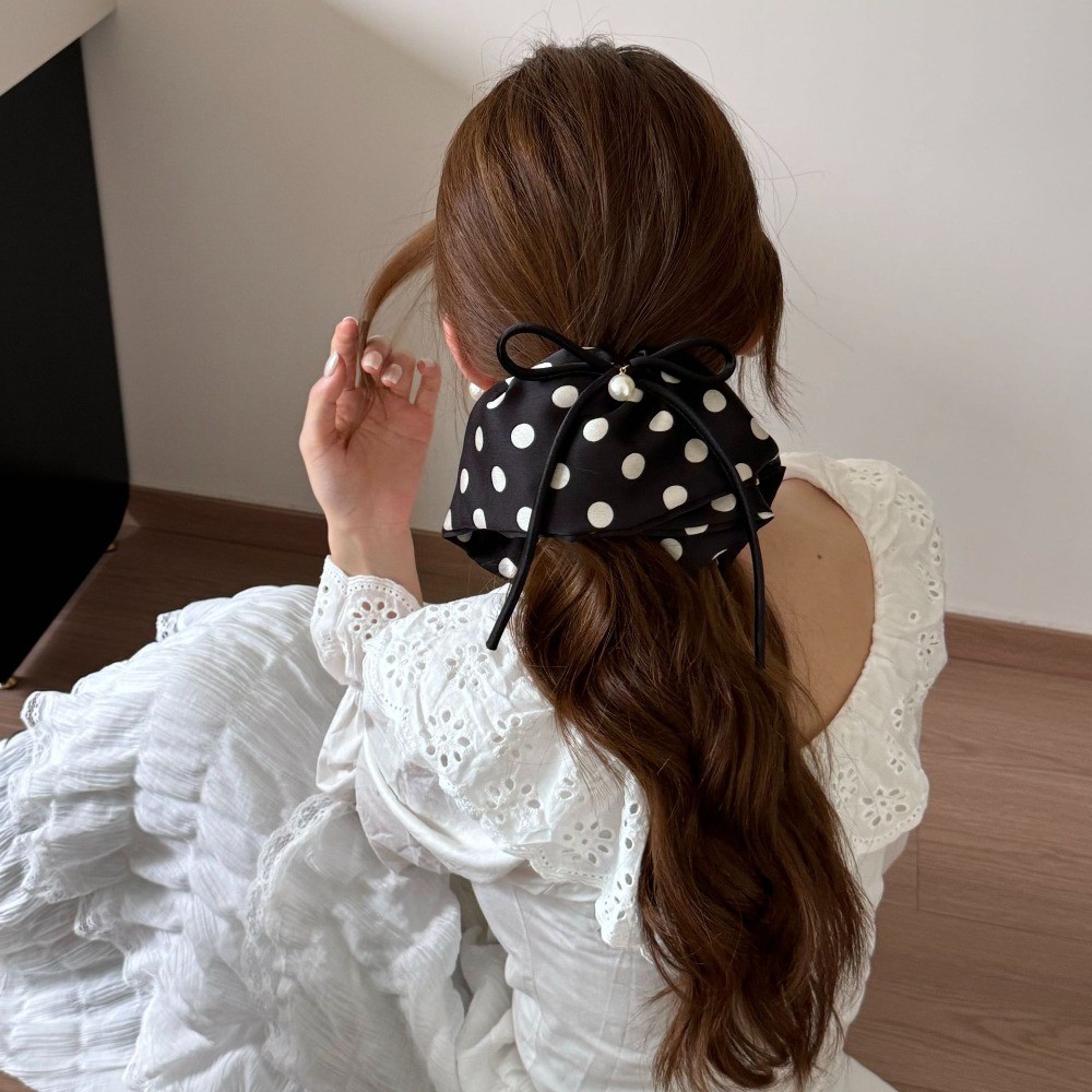 Hululu - Kẹp tóc retro phong cách Pháp, chấm bi ngọc trai, dây buộc satin cao đuôi ngựa
