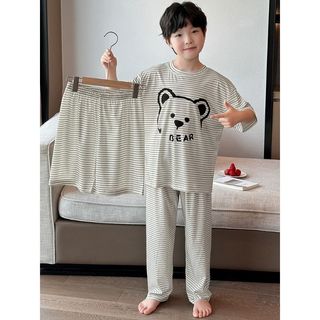 Đồ bộ ngủ trẻ em sọc gấu dễ thương – áo thun + quần dài/ngắn, mềm mịn thoáng mát, mặc nhà unisex