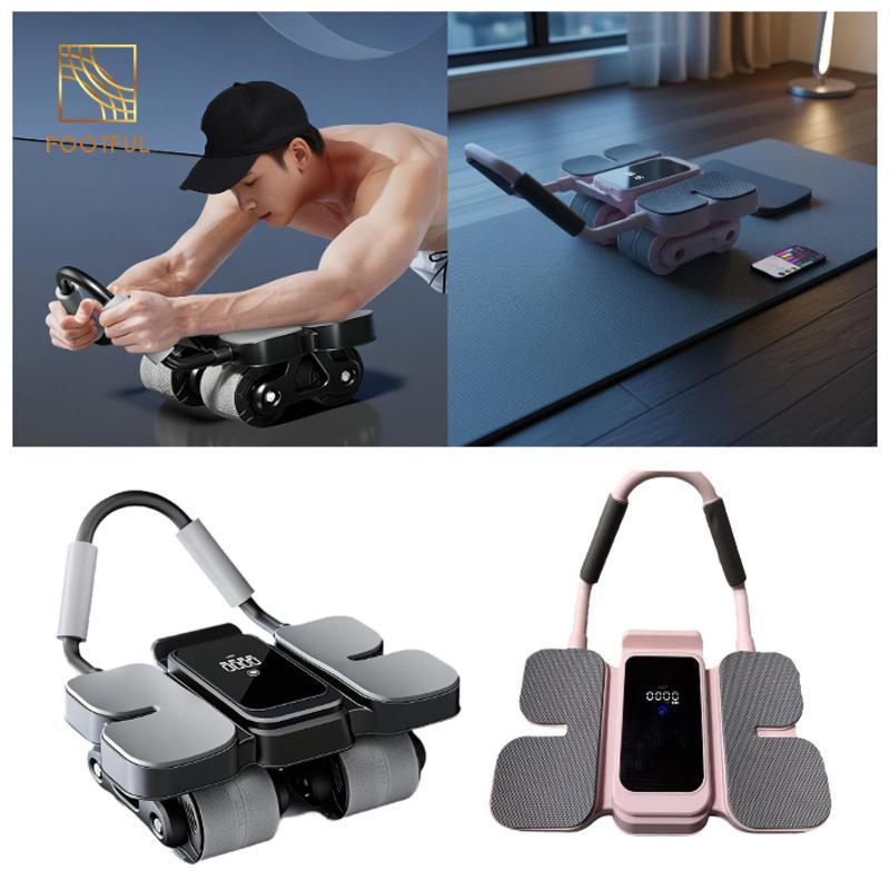 Thiết bị tập luyện bằng bánh xe lăn giúp tăng cường sức mạnh cơ bụng và có giá đỡ điện thoại để dùng tại nhà.