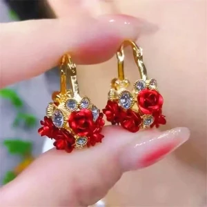 Bông tai thép không gỉ chất lượng cao, thiết kế hoa hồng đỏ ánh sáng, thời trang cho tiệc