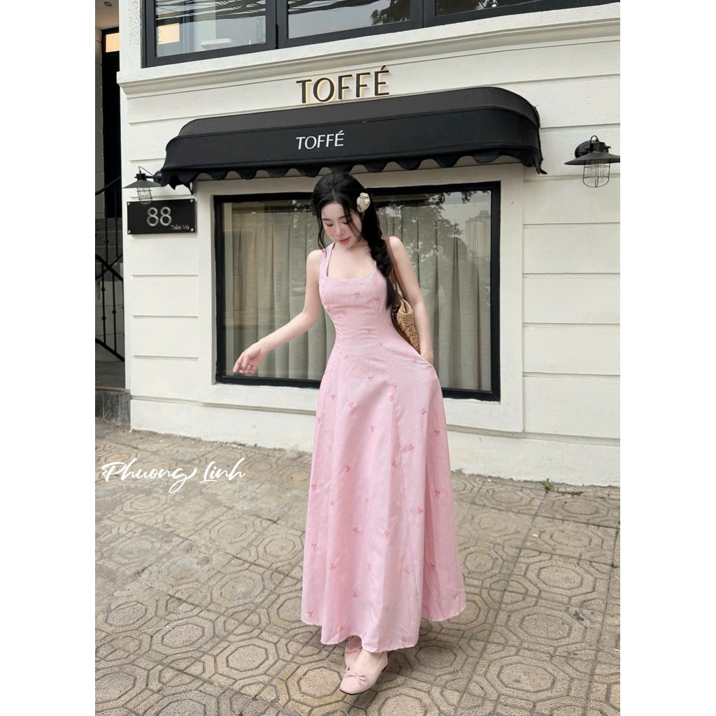 ĐẦM KẺ THÊU NƠ DÂY ĐAN CHÉO LƯNG MAXI  BYJOLIE