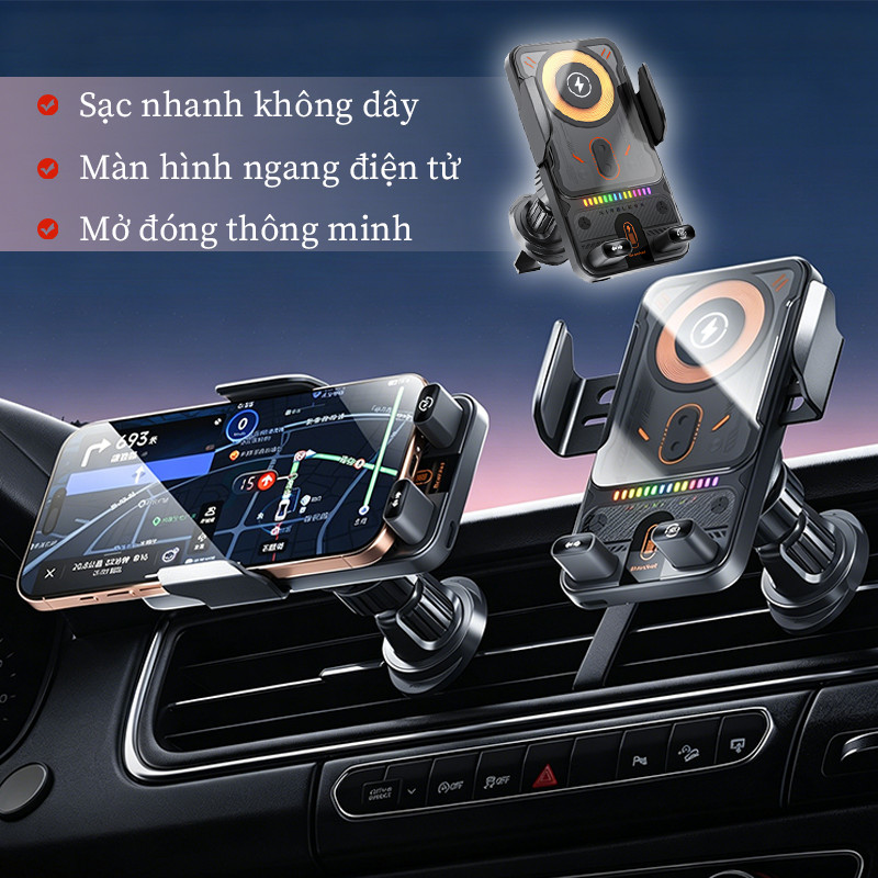 Giá Đỡ Điện Thoại Ô Tô Có Sạc Không Dây - Gắn Cửa Gió, Tự Động Xoay Ngang, Phù Hợp Mọi Dòng Điện Thoại