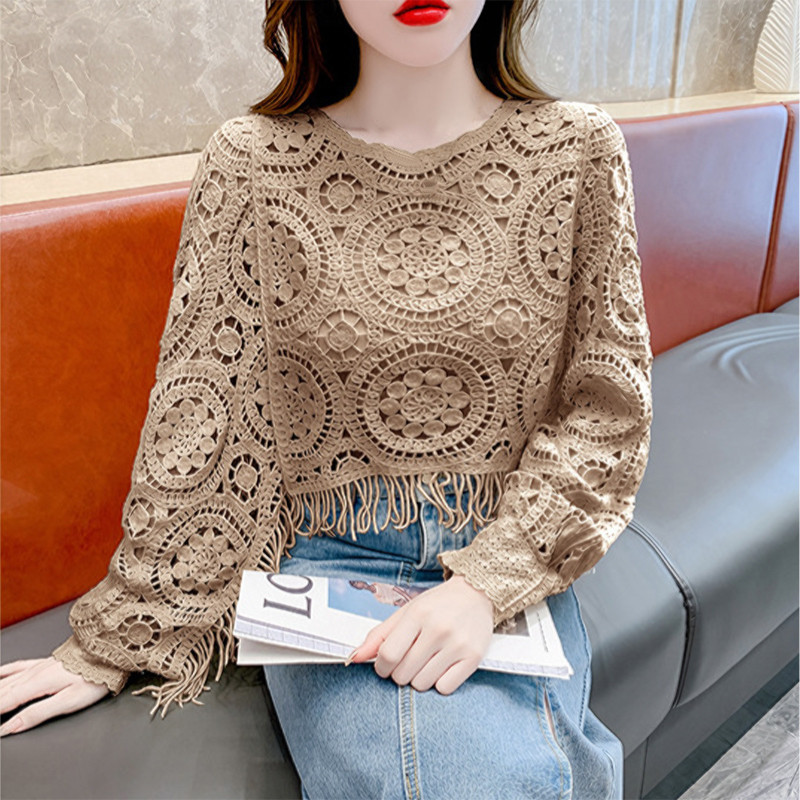 【dynamar】Áo len móc ren cổ điển dành cho nữ, tay cánh dơi, có tua rua, dáng rộng, tay dài, kiểu croptop.