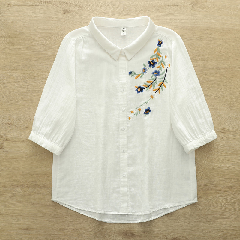 Áo sơ mi nữ tay ngắn thêu đẹp mắt, chất liệu sợi cotton cao cấp, sẵn sàng giao hàng