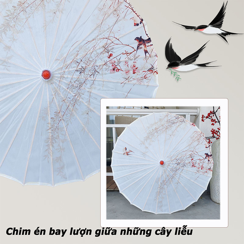 Ô lụa cổ điển, có in họa tiết phong cảnh, đường kính 82 cm, có thể dùng để chụp ảnh Cosplay, đám cưới, du lịch