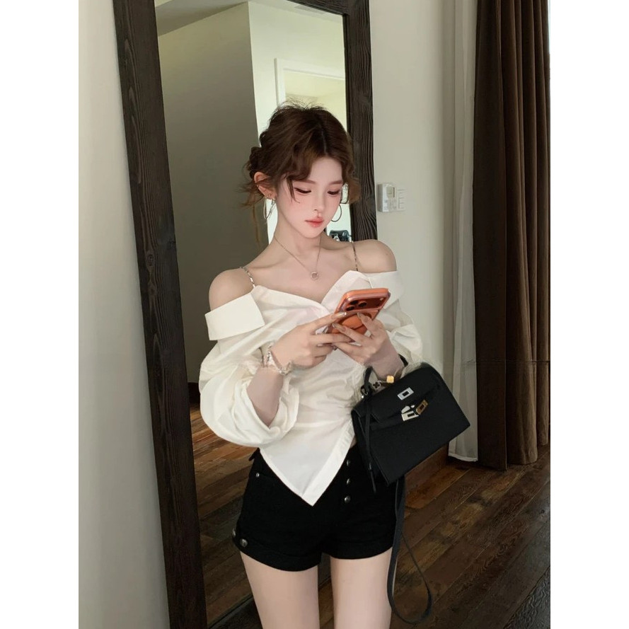 SUXI Áo sơ mi nữ buộc dây xù nhẹ nhàng, màu trơn phù hợp mùa hè 260415